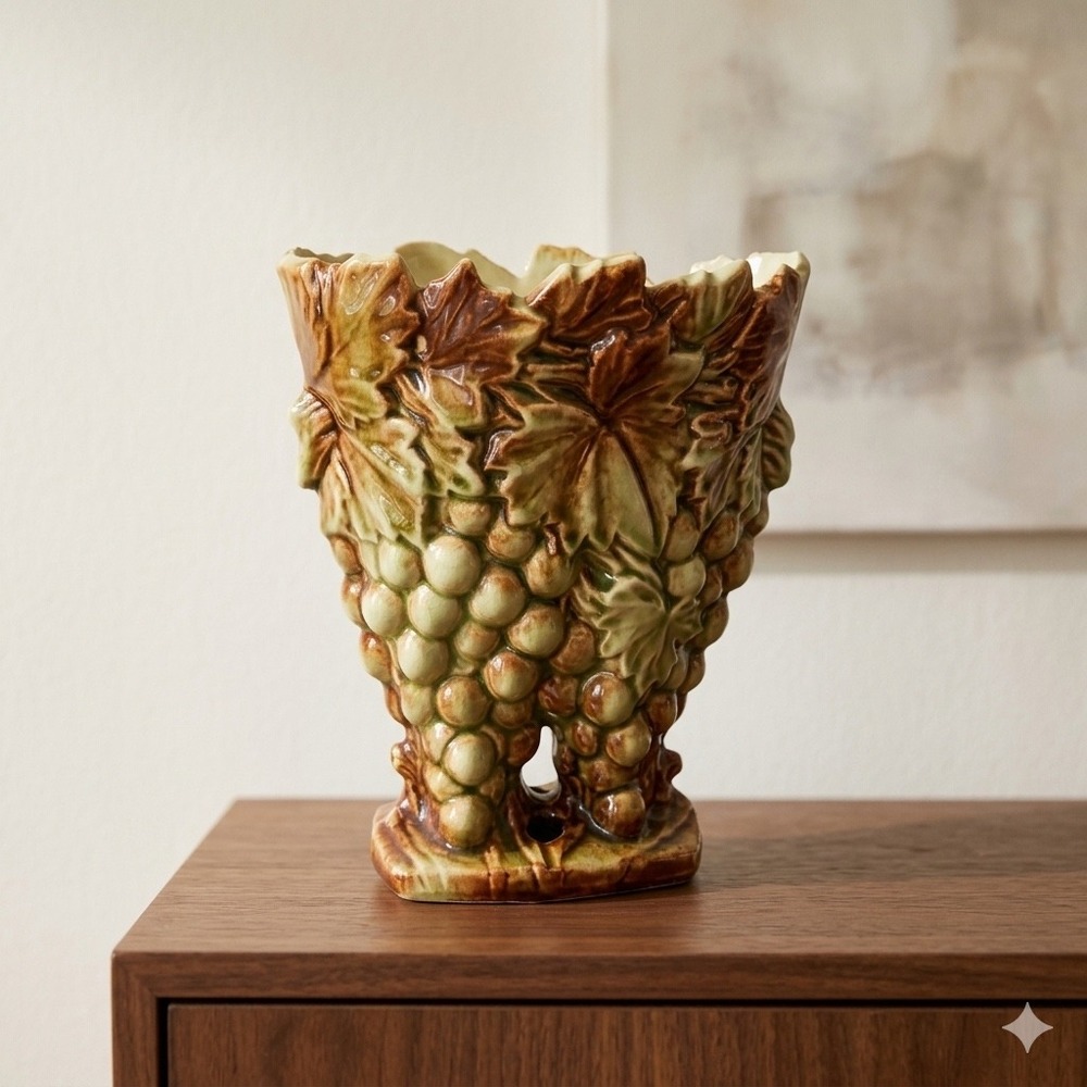McCoy Pottery Grapes Leaves Jardiniere Vase Brown Green USA Planter